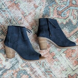 Toms Perforated Navy Suede Open Toe Wedge Ankle Booties